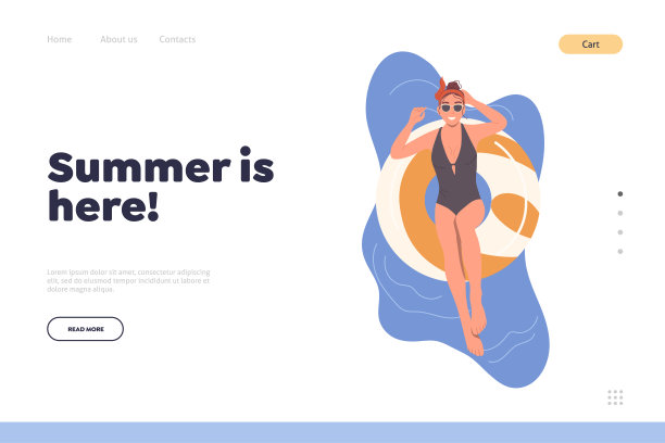 夏天在这里登陆页面设计模板与快乐的女人休息在热带度假泳池图片下载