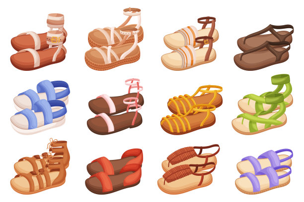 一套时尚舒适的夏季凉鞋，适合温暖的天气。他们的特点是露趾设计，插图图片下载