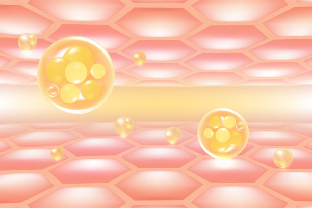 透明质酸头发和皮肤的解决方案广告，黄金胶原蛋白血清滴入皮肤细胞与化妆品广告背景准备使用，插图矢量。图片下载