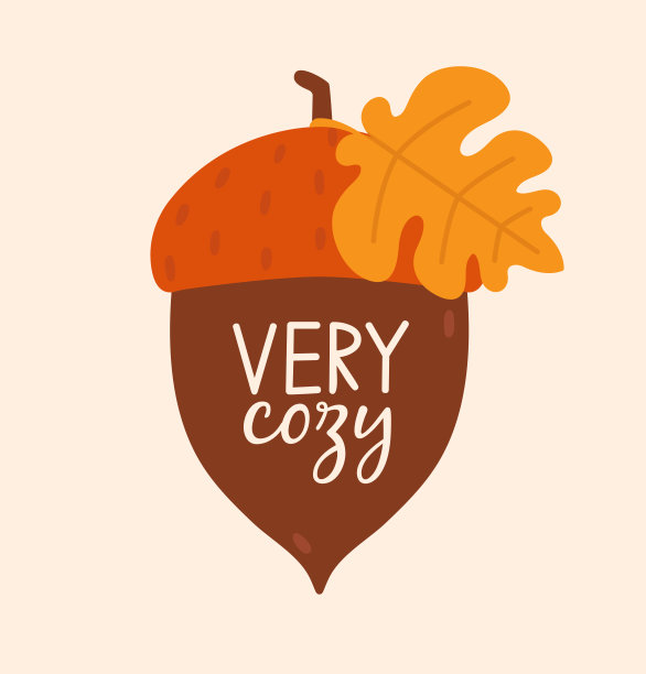 可爱和可爱的剪贴画与橡子文字“非常舒适”。手绘的秋天徽章，标签，贴纸。现代插图在平面最小的风格。你好，秋季概念。图片下载