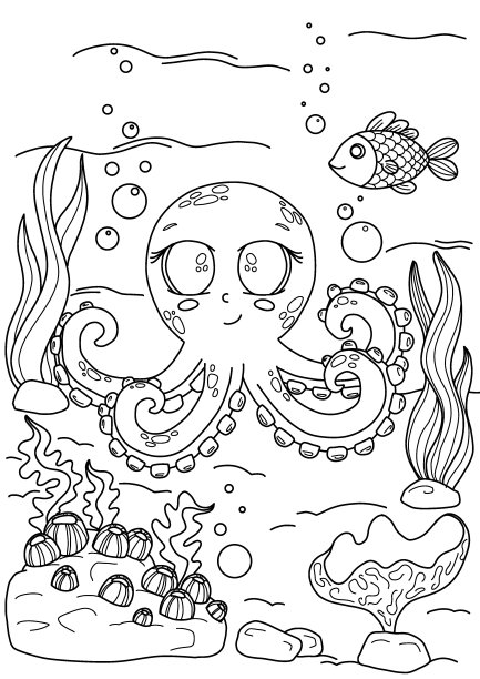 儿童涂色书，海底、鱼类、藻类、珊瑚等系列图片图片下载