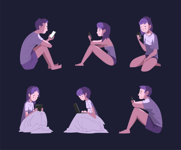 男人和女人字符使用数码小工具在晚上坐在黑暗的矢量集图片下载