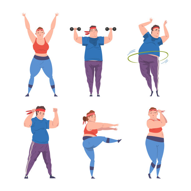 超重的男人和女人性格训练哑铃和呼啦圈得到适合向量集图片下载