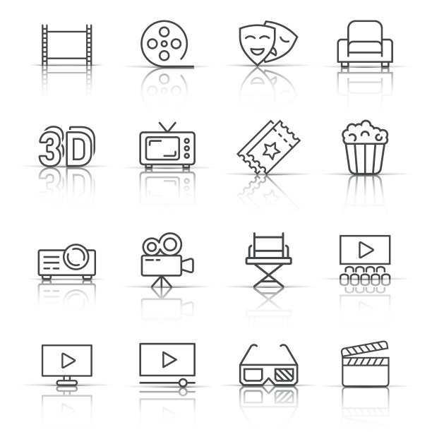 影院线图标在平面风格。娱乐集矢量插图白色孤立的背景。电影媒体经营理念。图片下载