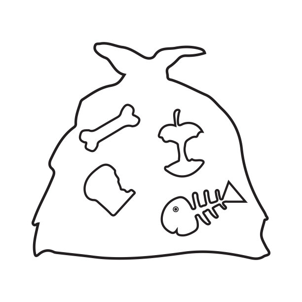 垃圾袋图标与食物残渣，鱼骨，骨头，苹果，奶酪。矢量插图EPS 10。可编辑的中风。图片下载