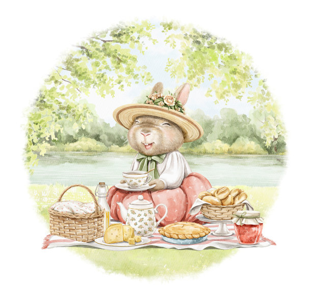 水彩卡通构图与兔兔复古装野餐在夏天的绿色自然图片下载