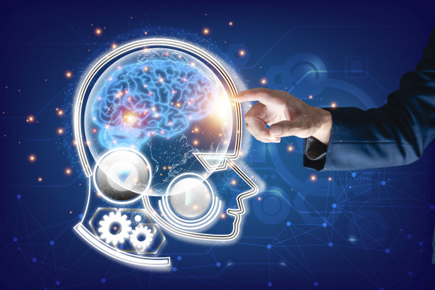 在二进制码大数据世界网络背景下，商人的手触摸连接在机器人的大脑上。智能人工智能机器学习、聊天机器人概念技术人工智能商业创新图片下载