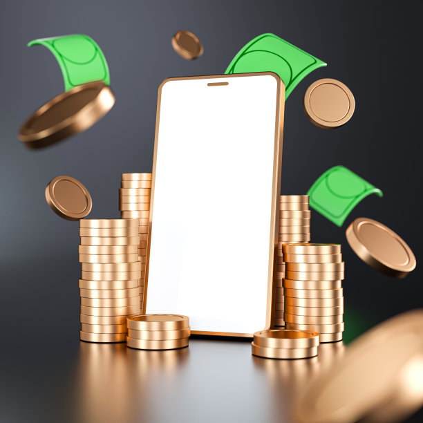 黄金手机模型与金币和钱，金融应用程序，资金管理，网上银行，网上购物- 3D插图图片下载