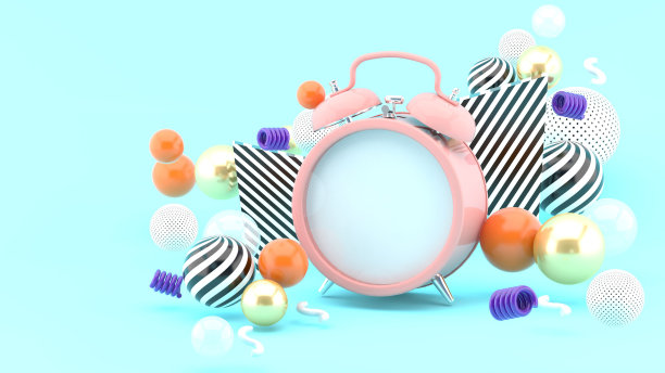 蓝色背景上彩球环绕的时钟。3 d渲染。图片下载