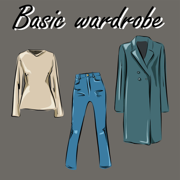 极简主义。时尚。胶囊基本衣柜的女人。大柜。衣柜里有一套衣服挂在衣架上和袋子上。孤立的向量对象。图片下载