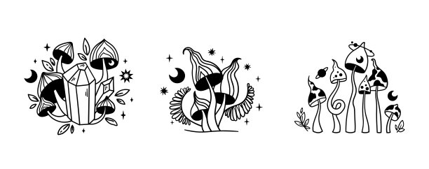 神奇的空间蘑菇孤立的剪贴艺术束，天体手绘线蘑菇组成，神秘的女巫鹅伞剪影-黑白矢量插图集图片下载