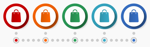 商店，袋概念矢量图标集，信息图表模板，平面设计圆形彩色网页按钮5种颜色选项图片下载