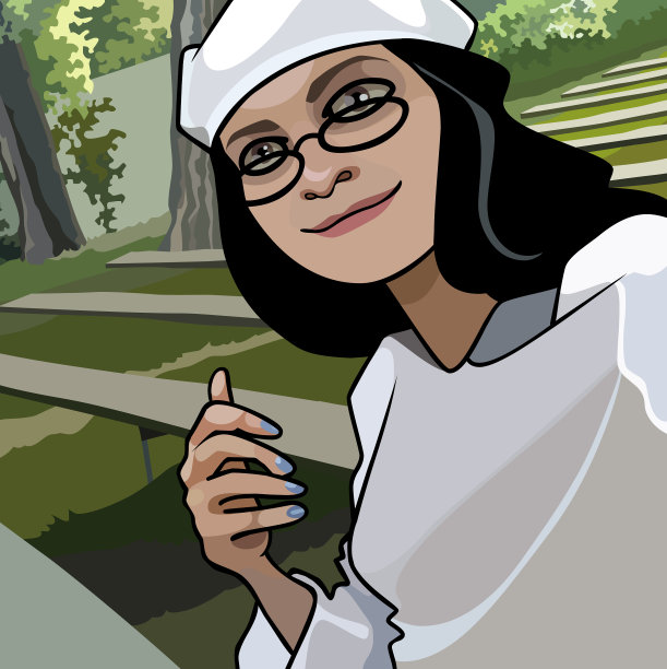 卡通微笑黑发女人穿着白色贝雷帽图片下载