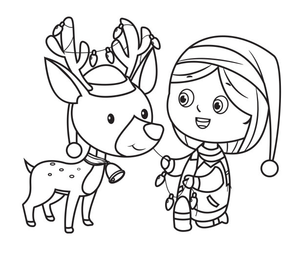 涂色书，圣诞女孩和驯鹿图片下载