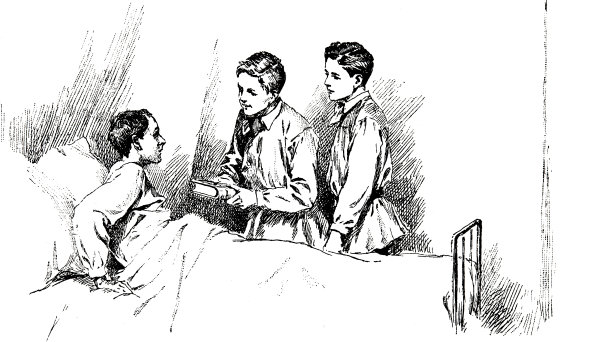 两个男孩去看望一个躺在床上生病的朋友，递上一本书作为礼物图片下载