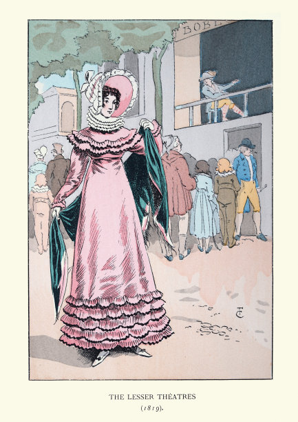 巴黎，19世纪早期的时尚小剧院外，穿着带褶边的粉红色连衣裙的女人图片下载