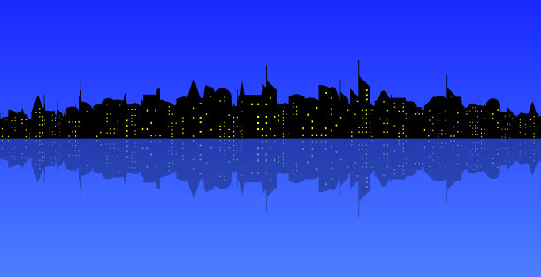 夜景的蓝色城市摩天大楼，与反射图片下载