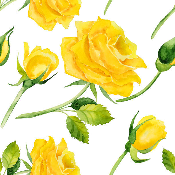 黄色水彩玫瑰与树叶无缝图案。植物花的背景。用于布料和墙纸。浪漫的夏季设计。图片下载