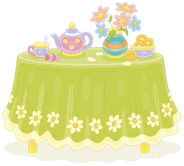 圆桌，茶具和鲜花图片下载