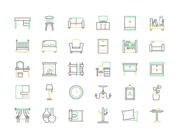 家具相关的矢量细线图标。大纲符号集合图片下载