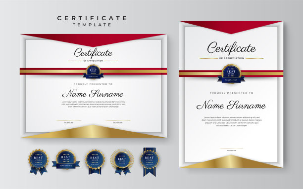 红色、金色豪华奖状模板，多用途奖状边饰徽章设计。优雅的红色和金色毕业证模板图片下载