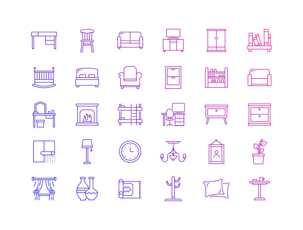 简单的家具相关矢量细线图标集合。大纲符号集合。图片下载