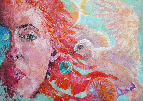 插图油画肖像的妇女与海鸥对抗宇宙和行星图片下载