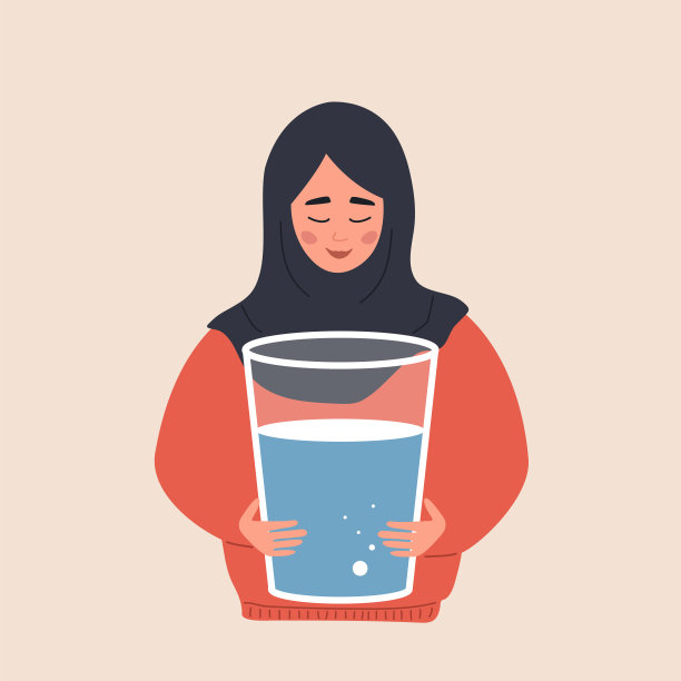 水平衡。口渴的伊斯兰妇女拿着一大杯干净的水。早晨例行公事。有益的习惯和健康的生活方式。保持身体的每日速率。矢量插图在平面卡通风格图片下载