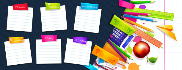 每日计划的概念，卡通风格的课堂日历。每周课程表和课程背景的学校科目和用品。图片下载