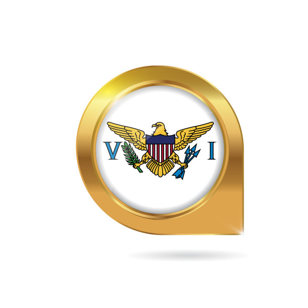 美国维尔京群岛旗帜定位地图图钉，带金色边框图标指针图片下载