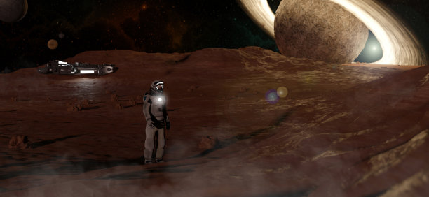 太空探索任务和行星：宇航员在新行星的恒星表面行走，未来主义太空基地探索红色星球，火星上的殖民地3D渲染图片下载