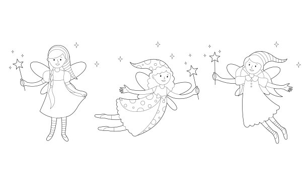 三个拿着魔杖的童话仙女。儿童涂色书。图片下载