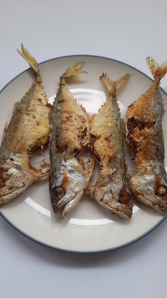 油炸鲭鱼食品(ikan kembung)在白色背景上的盘子顶部视图图片下载