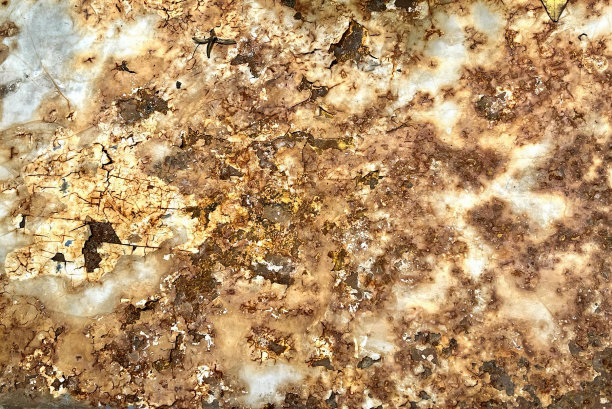 一张披萨的照片，上面有很多棕色和白色的配料，金属表面有锈迹和白色的油漆。图片下载