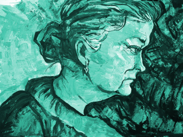 插图油画肖像侧面女人长发和光滑的发型与珠宝在她的耳朵对绿色背景图片下载