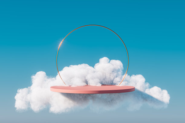 3d超现实呈现粉色底座，圆形框架悬浮在云中图片下载