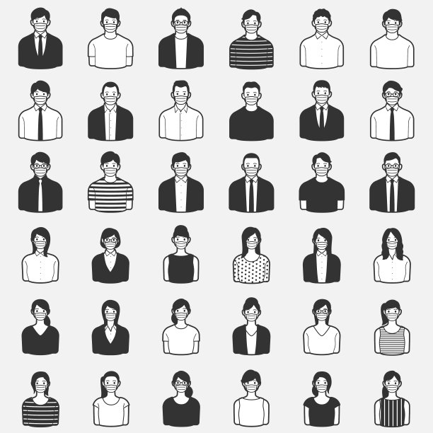 一组戴着医用口罩的虚拟人物。图片下载