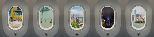 透过飞机窗户看到的香港地标。开放香港旅游的背景图片下载