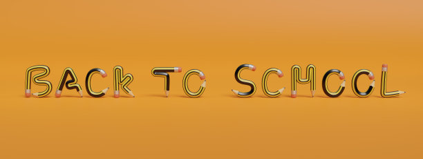 文字“回到学校”与铅笔隔离在橙色背景。3 d演示。图片下载