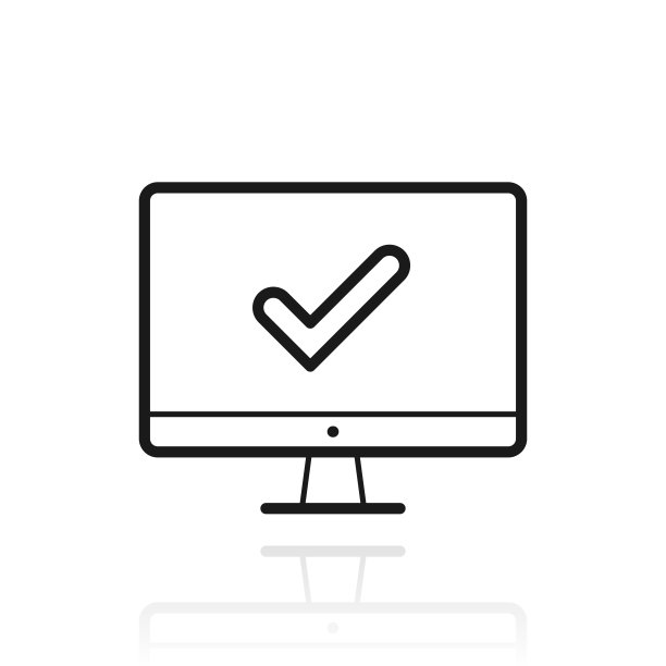 带有对号的台式电脑。白色背景上反射的图标图片下载