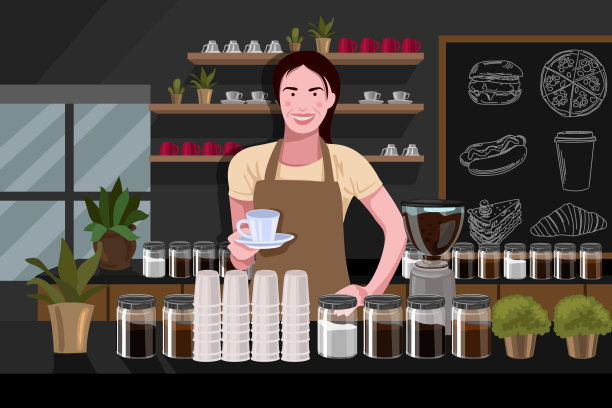 美丽的年轻女子/咖啡师在咖啡中微笑提供咖啡Café，小型企业概念图片下载