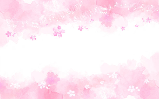 樱花在音符和柔和的色彩(水彩触摸)的背景下翱翔。图片下载