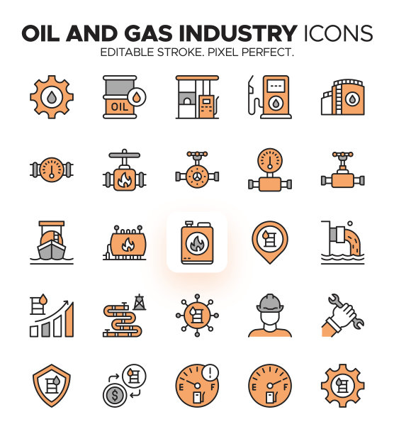 丰富多彩的石油和天然气行业图标集-能源，汽油，炼油和勘探符号图片下载