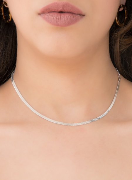 年轻女子戴着金耳环和银蛇链项链。图片下载