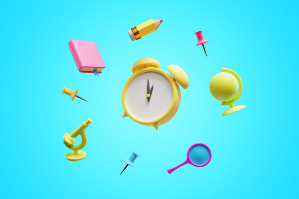 回到学校。卡通闹钟周围的教育元素。三维渲染图片下载
