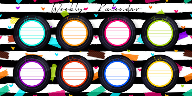 平面风格的周计划概念。待办事项清单在黑胶唱片上的抽象条纹背景与贴纸。图片下载