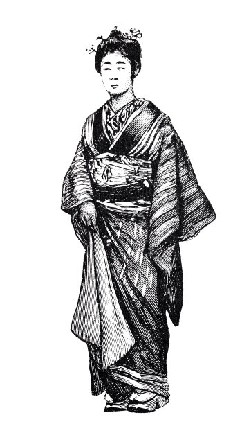 年轻漂亮的日本女人在传统和服，站全长，白色背景图片下载