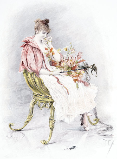 派对女王坐在金椅子上，花放在膝上，手放在嘴上，沉默不语，内心微笑图片下载