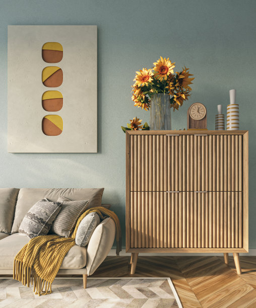 舒适的家庭内部在浅色柔和的颜色与舒适的家具装饰向日葵，3d渲染图片下载