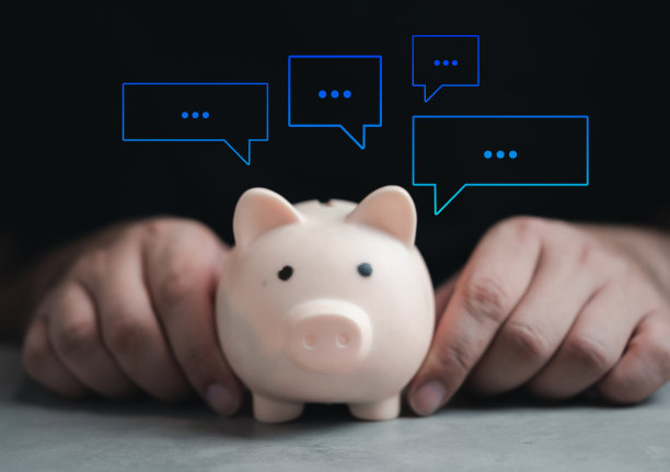 可爱的粉色储蓄罐在黑色背景上带有浮动图标气泡文本。图片下载